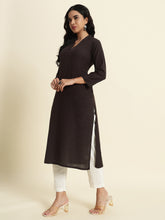 Thread Plus Cotton Flax Straight Kurti In Charcoal Color For Women